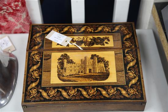 A Tunbridge ware rosewood Battle Abbey mosaic writing slope, 12in.